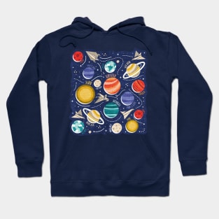 Paper space adventure I // illo // navy blue background multicoloured solar system paper cut planets origami paper spaceships and rockets Hoodie